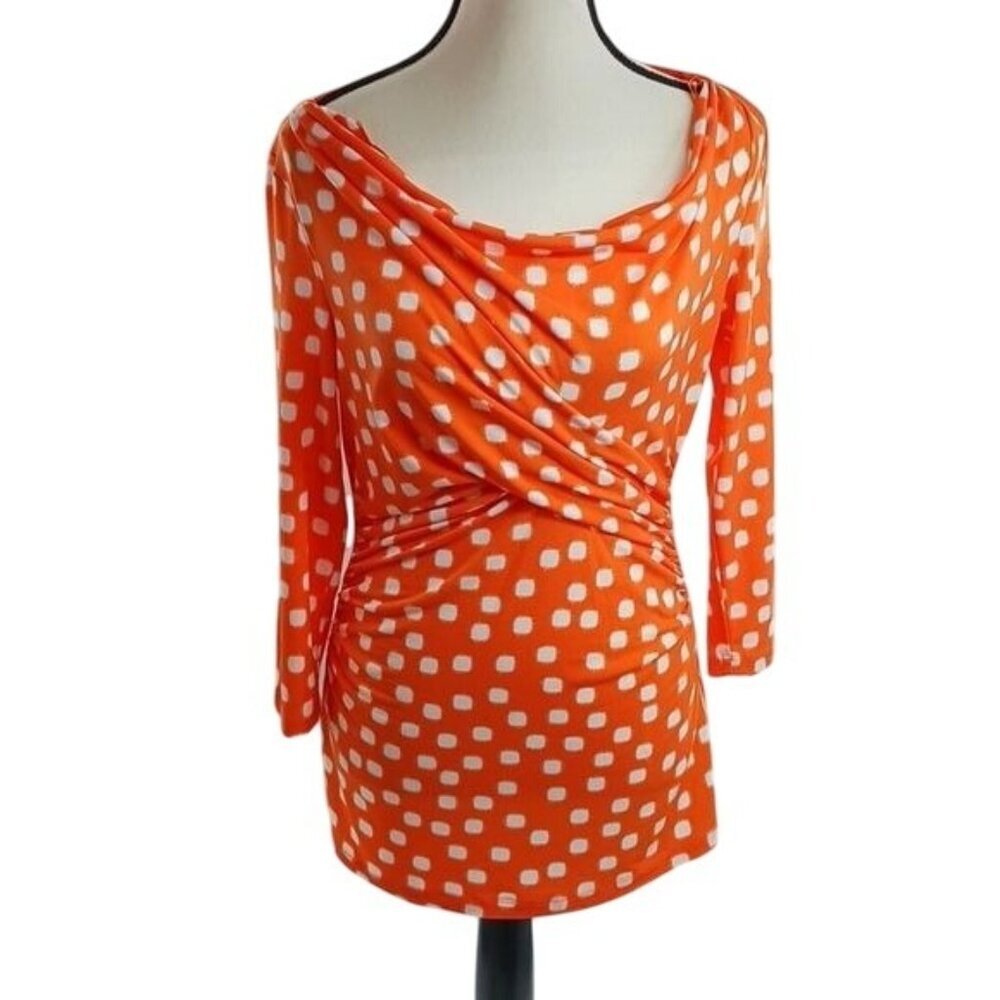 Vince Camuto Womens Size S Orange White Polka Dot Draped Ruched Blouse Top